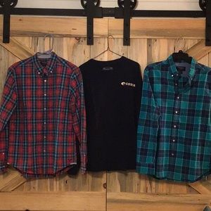 Trio of men’s medium size shirts. Two AEO, Costa T